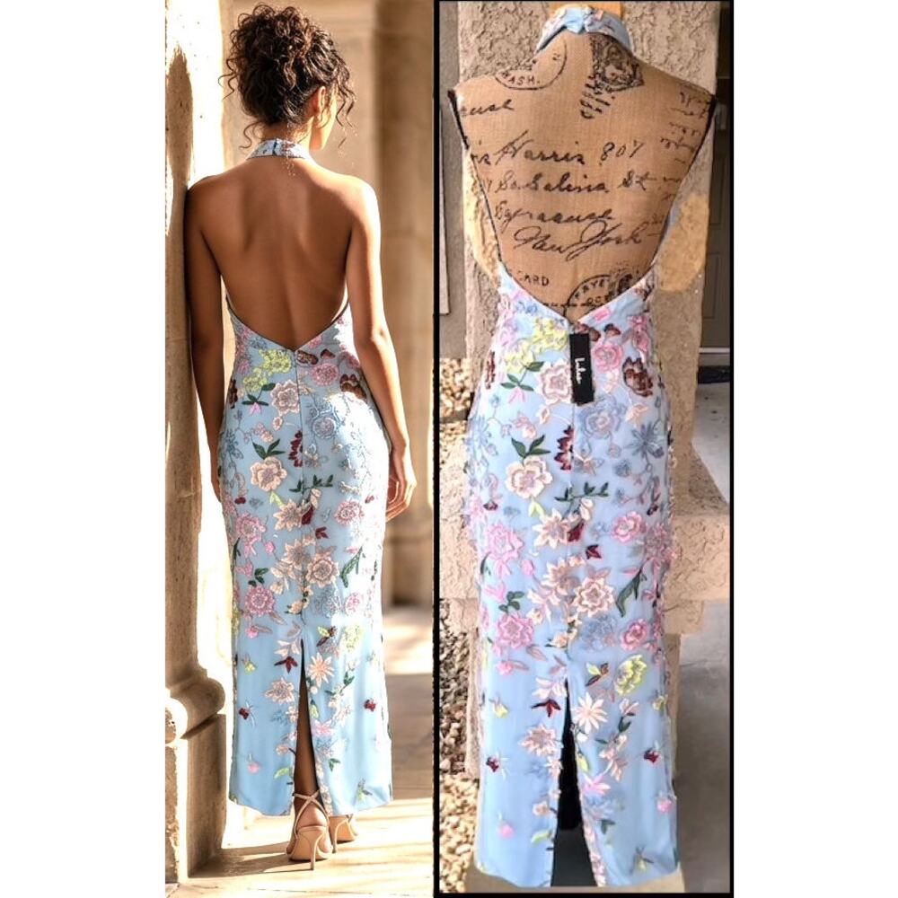 Lulus Blue Floral Embroidered Halter Infinite Praise Maxi Dress Size L - Picture 4 of 9